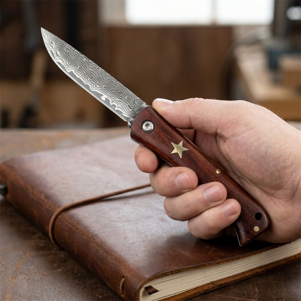 Edc Pocket Carry Fixed Blade - Kompaktes Outdoor-Überlebensmesser aus Damaszenerstahl mit Rosenholzgriff